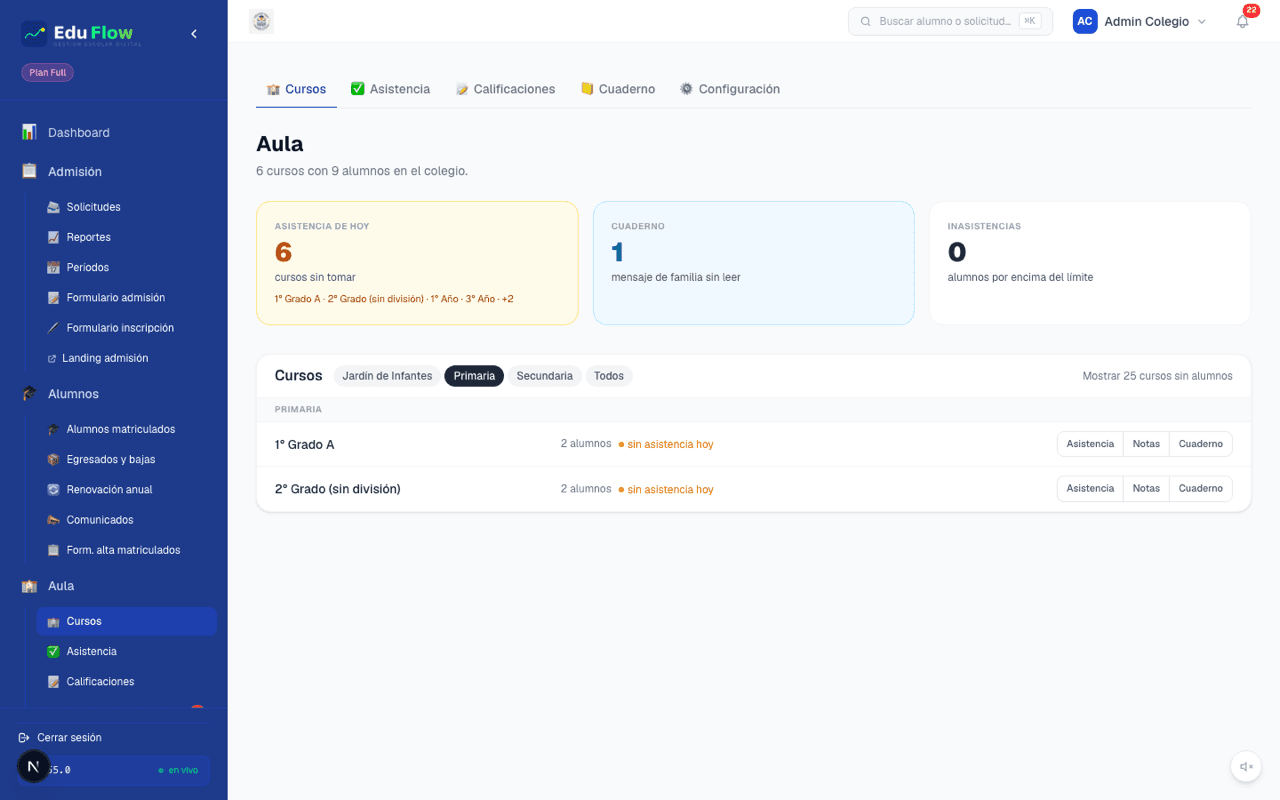 Módulo Aula de EduFlow con asistencia, cuaderno y cursos